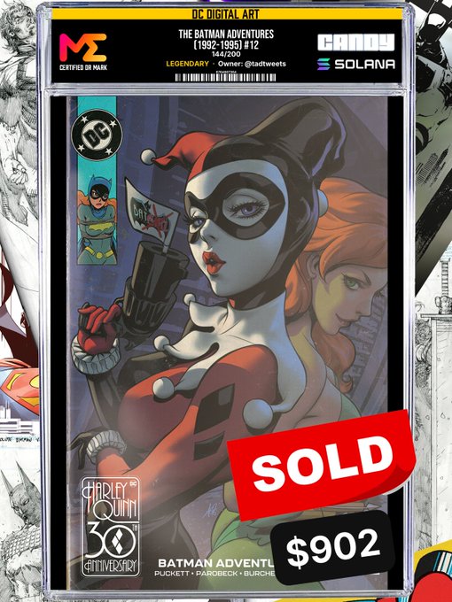 A DC Digital Art NFT card titled 'THE BATMAN ADVENTURES (1992-1995) #12' featuring Harley Quinn, marked as 'LEGENDARY' with a 'SOLD' label for $902 on Candy Digital/Solana.