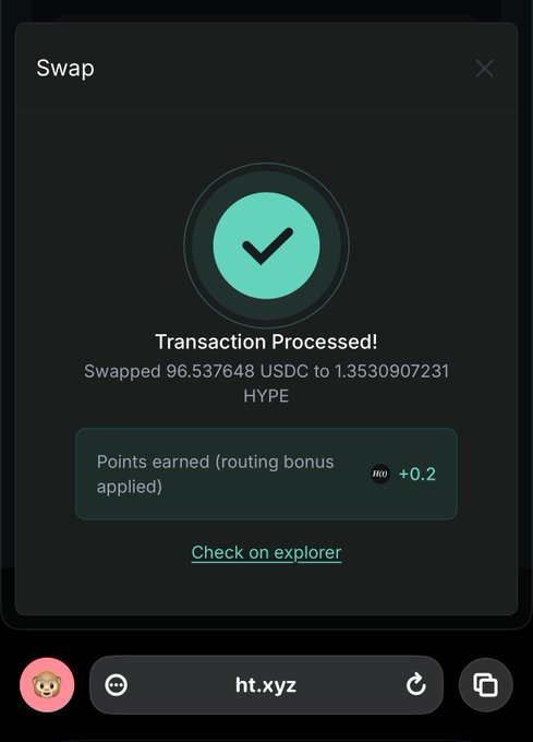 A dark-themed mobile crypto swap interface confirmation screen showing 'Transaction Processed!' with a checkmark. It details a swap of 96.537648 USDC to 1.3530907231 HYPE, earning +0.2 points routing bonus, with the URL 'ht.xyz' visible at the bottom.