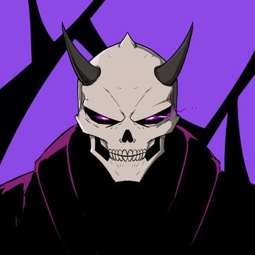 The image features a menacing horned skull character with glowing purple eyes set against a vivid purple background, evoking a dark, ominous NFT aesthetic. It complements the post by visually representing the edgy, skeletal art style associated with the mentioned Inkseron Ink and Galaktic Gang NFT projects.