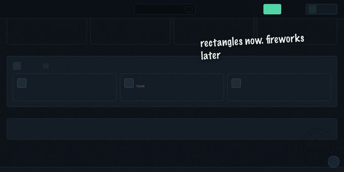 Dark-themed UI mockup or design in progress with placeholder rectangles and the handwritten text 'rectangles now. fireworks later'.