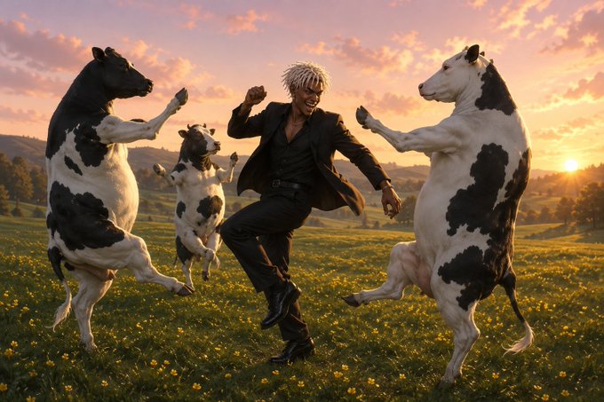An AI-generated image showing a blonde-haired man in a black suit dancing joyfully with three cows in a flower-filled meadow at sunset.