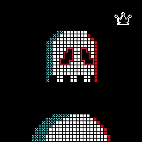 A pixel art space invader character in white, teal, and red on a black background, with a small white crown icon in the top right corner.