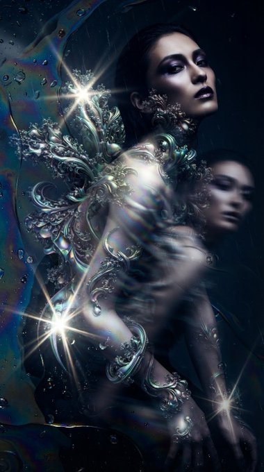 A dark, surreal digital artwork depicting two overlapping figures of a woman with closed eyes, featuring intricate, metallic ornamental growths resembling jewels or vines spreading across her body, illuminated by bright light flares.