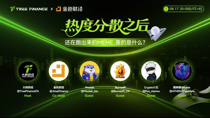 A green-themed promotional graphic for 'TREE FINANCE X 金色财经' titled '热度分散之后' scheduled for 08.17 20:00(UTC+8), listing hosts and guests including 大树财经, 金色财经, Moolah, Burnedfi, Crypto小五, and 雅典娜Athena.