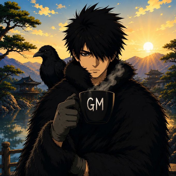 An anime-style illustration of a dark-haired character in a fur cloak holding a 'GM' (Good Morning) coffee mug, accompanied by a black raven with mountains and a sunset in the background.