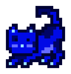 Pixel art sprite of a small blue creature with large black eyes, light blue cheeks, and a darker blue shell/pattern on its back, rendered in retro video game style.