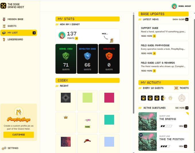 A screenshot of 'THE DOSE GRAND HEIST' web interface showing a user stats dashboard with 137 points and 71 guests, alongside a codex section and active questlines.