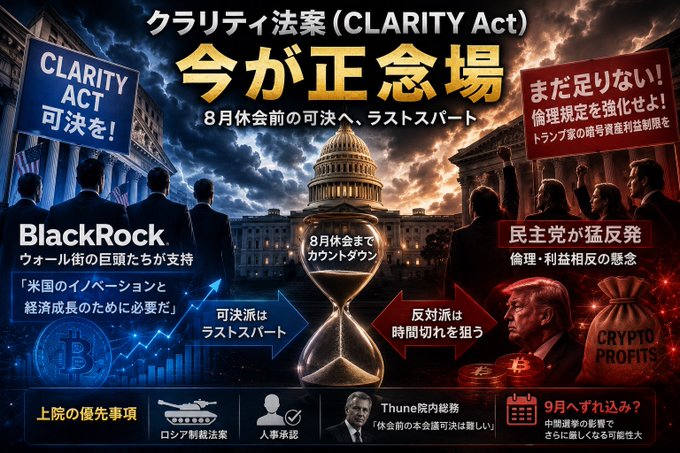 This image depicts the CLARITY Act as a critical juncture, with BlackRock advocating for its passage alongside an hourglass representing a countdown to the August recess, while Democrats furiously push back due to concerns about ethics rules and potential restrictions on the Trump family's crypto profits. An opposing sign urges strengthening ethics rules, showing Donald Trump and a bag labeled "CRYPTO PROFITS," suggesting a conflict over regulations and financial interests.