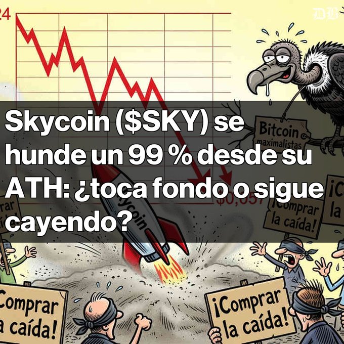 The image shows a cartoon graphic depicting various characters involved with the cryptocurrency Skycoin (SKY). In the center of the scene, there's a rocket ship that has broken into pieces, symbolizing the chaotic nature of the digital currency market depicted in the cartoon. The caption on the post states "Skycoin (SKY) se des diploma un 99% desde su ATH. Actualmente cotiza en mínimos históricos a USD $0,0572. El volumen diario ha subido un 28,6%, sugiriendo posible interés especulativo. Sin embargo, la capitalización alcanza USD $1,33 millones con liquidez". The image is related to the post as it shows a representation of the volatile cryptocurrency market and how it impacts different people's lives.