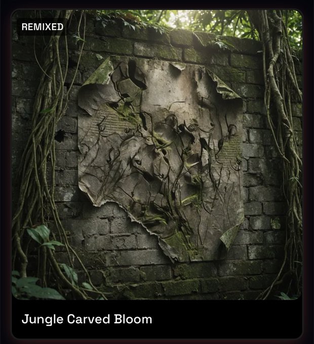 A crumbling stone relief carving of vines and foliage is partially reclaimed by jungle roots on an aged brick wall, with the text "REMIXED" in the top-left corner and "Jungle Carved Bloom" displayed at the bottom—visually echoing the post's title for an NFT artwork exploring nature overtaking ancient architecture.