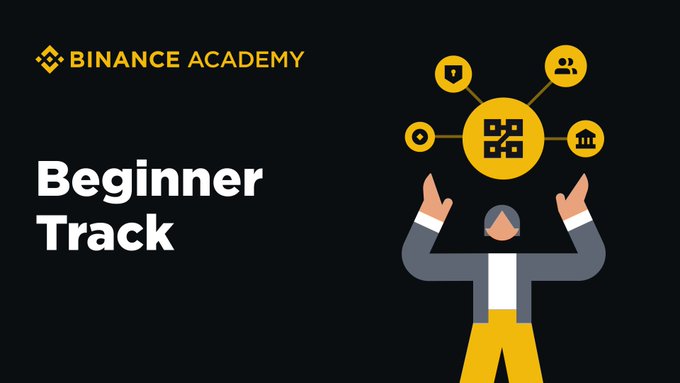 A graphic for 'BINANCE ACADEMY' displaying 'Beginner Track' text alongside an illustration of a person with raised arms surrounded by a circle of yellow icons.