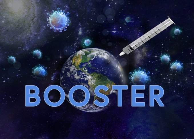 A digital graphic featuring Earth surrounded by virus particles and a syringe, with the word 'BOOSTER' displayed prominently in large blue letters.