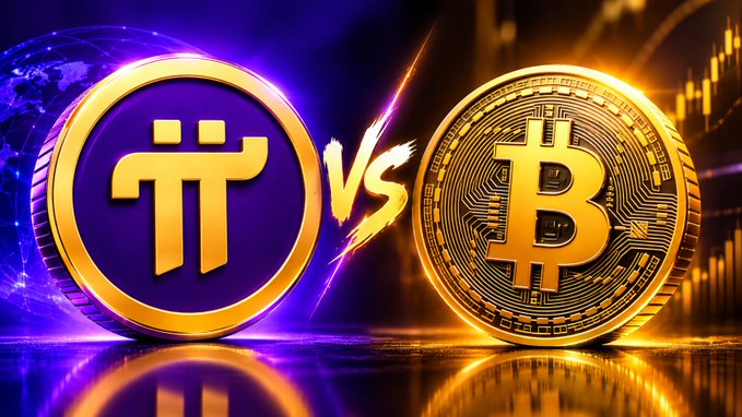 A graphic illustration depicts a golden Pi Network coin facing off against a golden Bitcoin coin, with 'VS' written between them.