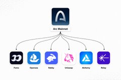 A hierarchical diagram showing 'Arc Mainnet' at the top branching into multiple subsidiary chains: 'Fantom', 'Optimism', 'Rabbit', 'Unichain', 'Alchemy', and 'Xai'.