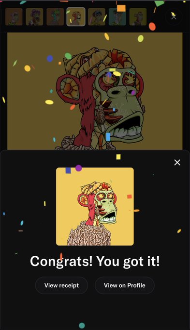 A digital collectible interface displays a pixel-art monkey NFT with the text "Congrats! You got it!" along with buttons for "View receipt" and "View on Profile."