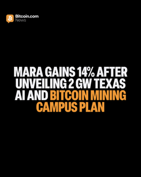 The image is a Bitcoin.com News graphic with a black background and orange Bitcoin logo, featuring the headline "MARA GAINS 14% AFTER UNVEILING 2 GW TEXAS AI AND BITCOIN MINING CAMPUS PLAN." It visually represents the accompanying post's news about Marathon Digital Holdings (MARA) stock surging 14% following their announcement of a 2 gigawatt AI and Bitcoin mining facility in Texas.