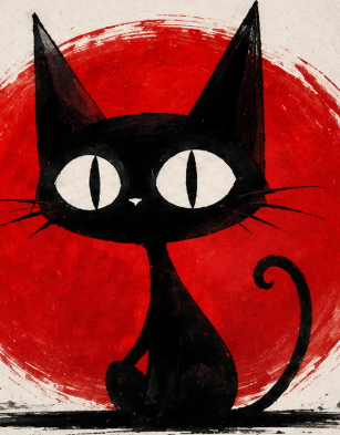 A simple, stylized illustration of a black cat with large, wide white eyes sitting in front of a large, brushy red circle against a white background.