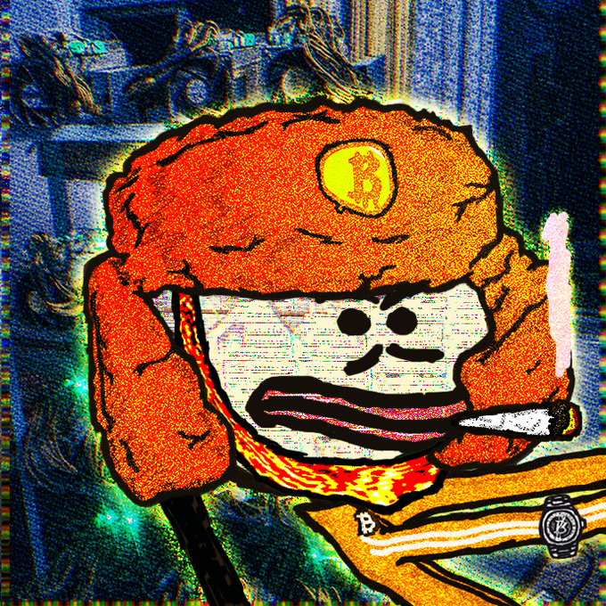 A stylized, distorted digital artwork featuring a pale, wide-mouthed character wearing a red ushanka hat with a Bitcoin logo, holding a lit cigarette, set against a glitchy blue background.