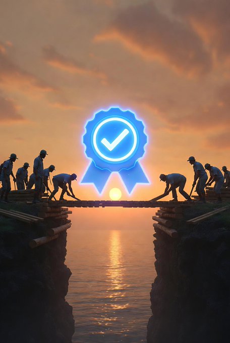 A silhouette illustration shows workers constructing a bridge over water at sunset, with a large glowing blue ribbon badge containing a checkmark prominently displayed in the center.