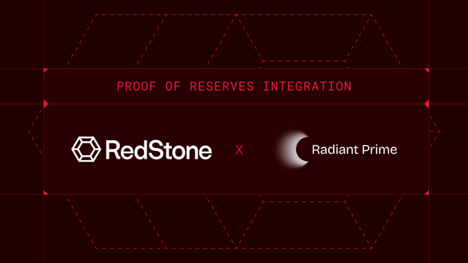 A dark promotional graphic with red accents announces "PROOF OF RESERVES INTEGRATION" alongside the logos of RedStone and Radiant Prime, visually confirming their new partnership to deliver on-chain reserve verification for Radiant's investor dashboard.