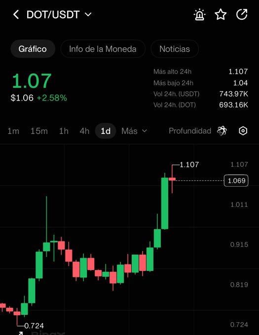 A Binance price chart for DOT/USDT shows a strong rally from a low of $0.724 to a recent high of $1.107, with the current price at $1.07 (+2.58%) and 24h volume of 743.97K USDT—visually confirming the post's claim of Polkadot's explosive upward momentum.