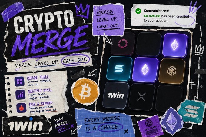 Promotional graphic for 'Crypto Merge' on 1win, featuring the slogan 'MERGE. LEVEL UP. CASH OUT.' with a grid of cryptocurrency tile icons including Bitcoin, Solana, and Ethereum.