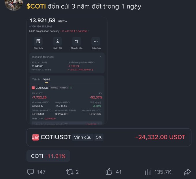 A social media post in Vietnamese titled '$COTI dồn củi 3 năm đốt trong 1 ngày' showing a trading account for COTIUSDT with significant losses (-52.37%).