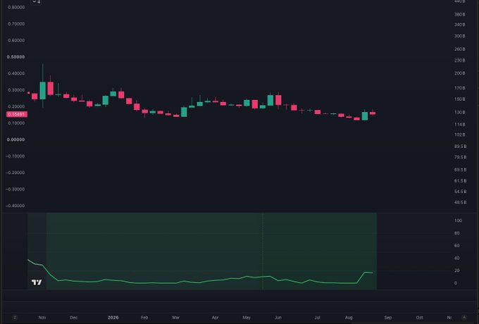 A weekly candlestick chart of $FET showing a prolonged downtrend from a November 2024 high near $0.80 down to roughly $0.15, with a lower indicator (appearing to be RSI) sitting deeply oversold around 20 and curling upward at the recent candle—context that supports the post's claim of an imminent violent breakout from these compressed, oversold lows.
