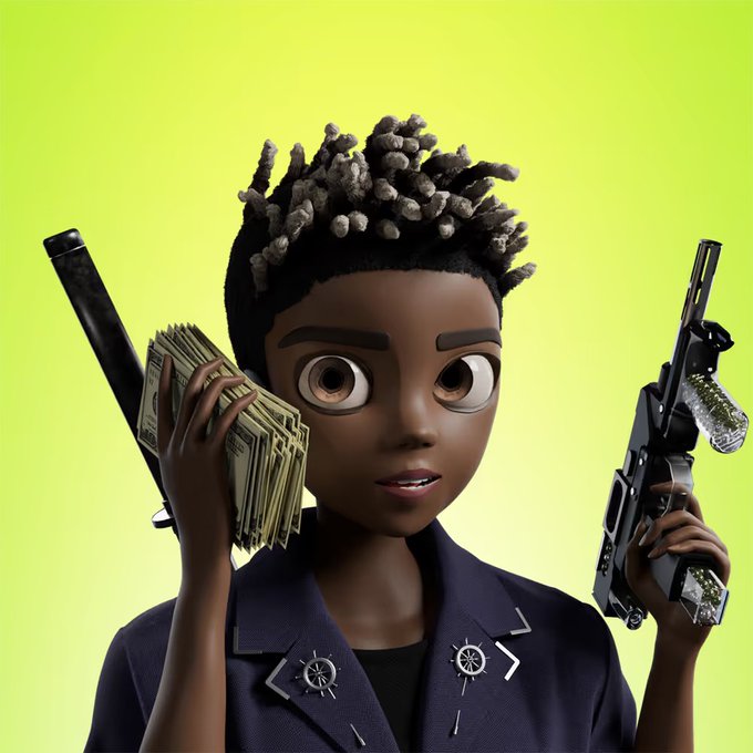 The image features a cartoon character, possibly a boy or a girl, holding two guns and stacks of money. The character appears to be playing poker with the money, as indicated by the presence of the word "MONGANG" on one of the guns. The character is also wearing a jacket, which adds to the overall theme of the image. The post seems to be promoting a game or event related to poker and possibly Mongang NFTs, as it mentions the main prize being this particular character from Mongang.