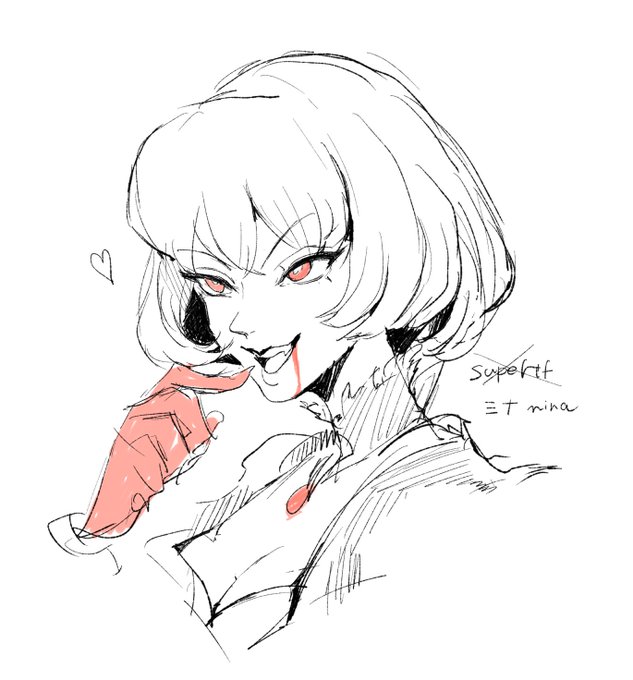 A sketch depicts a vampire-like character with red eyes, blood dripping from her mouth, and the text "Superkt" and "mina" visible. The accompanying post "Mina Ha~" suggests the image is a playful or cute portrayal of "Mina".