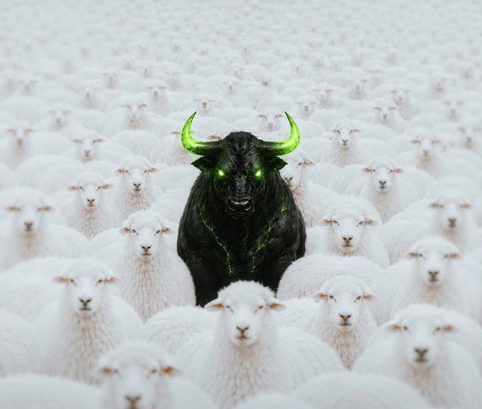 A surreal digital artwork showing a massive black bull with glowing green horns and eyes standing out among a sea of identical white sheep.