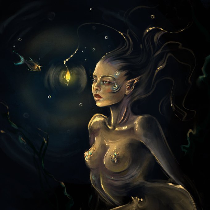 A dark fantasy digital painting featuring an ethereal female figure with glowing facial markings, pointed ears, and floating hair, accompanied by a small luminescent bird and orbs in the background.