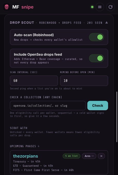 Screenshot of a web app interface called 'MF snipe' with a 'DROP SCOUT' panel showing auto-scan and OpenSea drops feed toggles, scan interval set to 60 seconds, and a 'Check a collection' input field for OpenSea URLs.