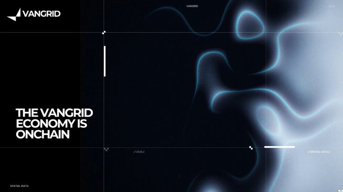 A black slide with blue light waves displays the VANGRID logo and the text 'THE VANGRID ECONOMY IS ONCHAIN'.