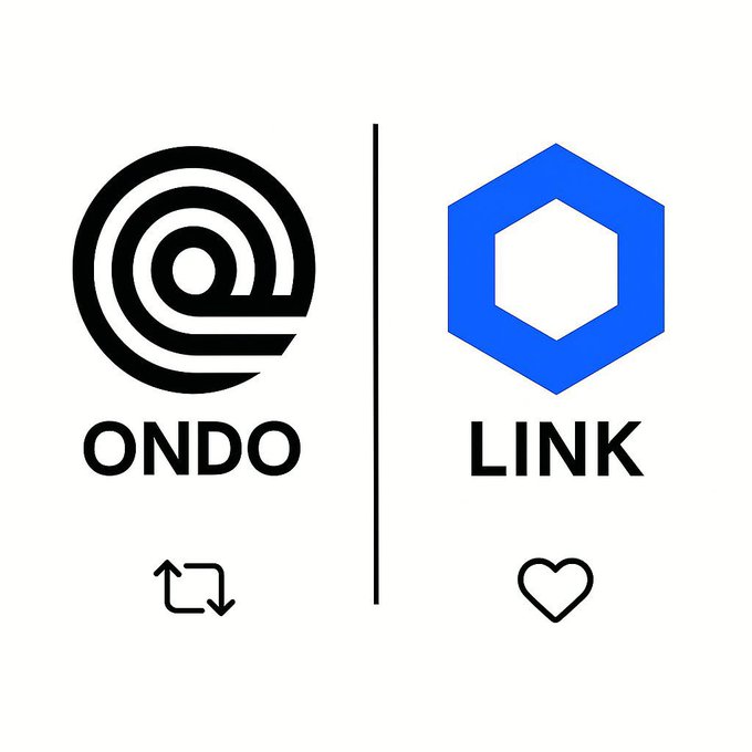A graphic displaying two cryptocurrency logos side by side: the black circular 'ONDO' logo with a swap icon below it, and the blue hexagonal 'LINK' logo with a heart icon below it.