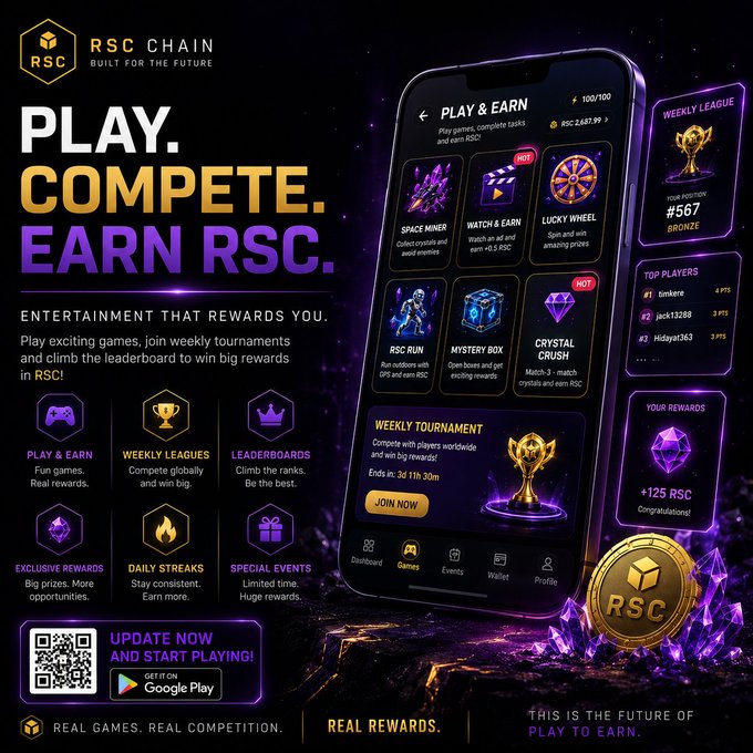 A promotional advertisement for the 'RSC CHAIN' 'Play & Earn' mobile app, featuring the tagline 'PLAY. COMPETE. EARN RSC.' and showing game options like 'SPACE MINER', 'LUCKY WHEEL', and a 'WEEKLY TOURNAMENT'.