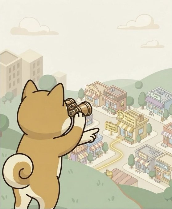 A cartoon illustration of a Shiba Inu dog looking through binoculars at a stylized townscape featuring various labeled crypto-themed shops such as 'Bitcoin Trading', 'CAFE', and 'NFT'.