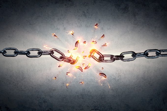 A metal chain dramatically snaps in the center, with sparks and broken links flying outward against a gray background, symbolizing liberation or breaking free.

The image visually reinforces the post's theme of being "Unchained," with the breaking chain representing the release from constraints, fitting the 306th day marker and XRP reference.