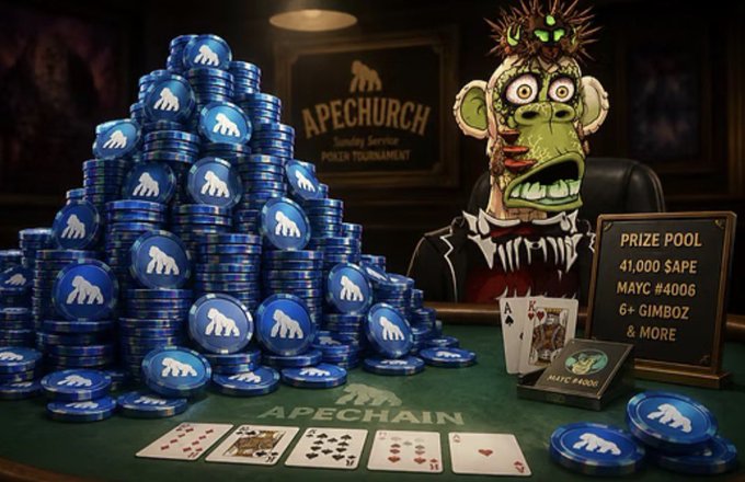 Promotional image for an "APECHURCH" poker tournament featuring a green-skinned ape character in a suit surrounded by a large pile of blue chips branded with the ApeChain gorilla logo, advertising a prize pool of "41,000 $APE" plus other rewards.