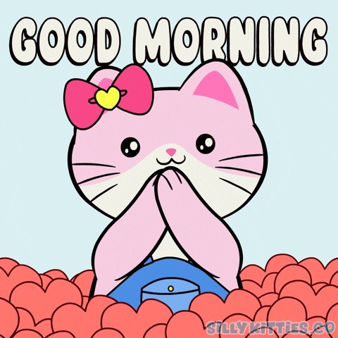 The image features a cartoon cat sitting among red hearts, with the text "Good morning" written above it. Below the cat's head, there are two pink bows that match its fur color. The background of the image is blue, providing a contrast to the pink and purple elements in the foreground. The caption reads: "GM, happy Sunday Collecting points in Season 3 is not the end goal The fun part starts when those points begin turning into unlocks @useTria points now give access to Mystery Boxes rewards and additional benefits".