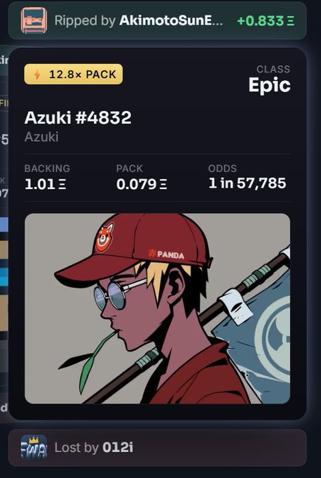 A digital card pack screen shows 'Azuki #4832' as an Epic class item with odds of '1 in 57,785', won by 'AkimotoSunE...' and lost by '012i'.