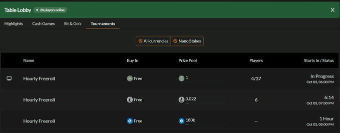 Screenshot of a 'Table Lobby' for online poker tournaments, listing multiple 'Hourly Freeroll' games with various buy-ins and prize pools.