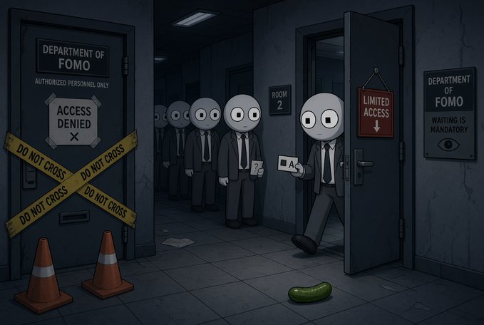 An illustrated scene depicts cartoon figures in suits waiting in a dark hallway outside a door labeled 'DEPARTMENT OF FOMO' with 'ACCESS DENIED' signs and yellow 'DO NOT CROSS' tape.