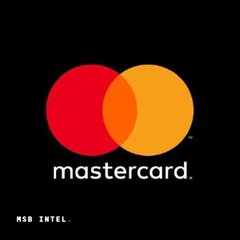 The image displays the Mastercard logo, featuring the iconic interlocking red and yellow circles with the word "mastercard" written below in white on a black background, with "MSB INTEL" in the corner. The caption relates to the post by showing the Mastercard logo as context for the news that Mastercard is sponsoring an XRP Ledger Hackathon in New York, highlighting the payment giant's involvement in Ripple's blockchain ecosystem ahead of Ripple's Swell conference.