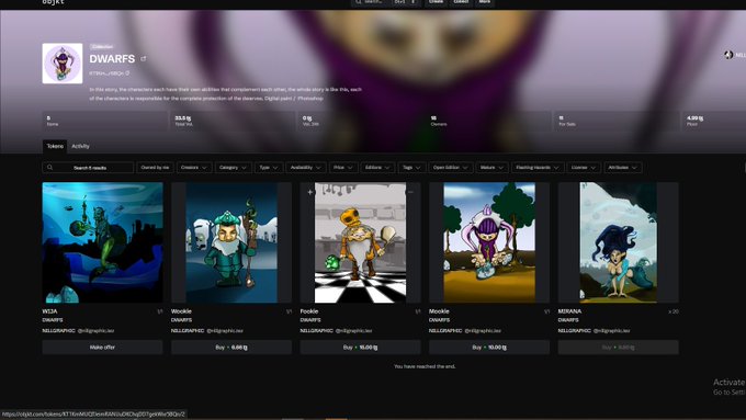 Screenshot of a Magic Eden NFT collection page titled 'DWARFS' showing five digital artwork thumbnails with 'DWARFS' NFT cards listed by owners like 'SILLA' and 'Woodst', each priced at 8.00.