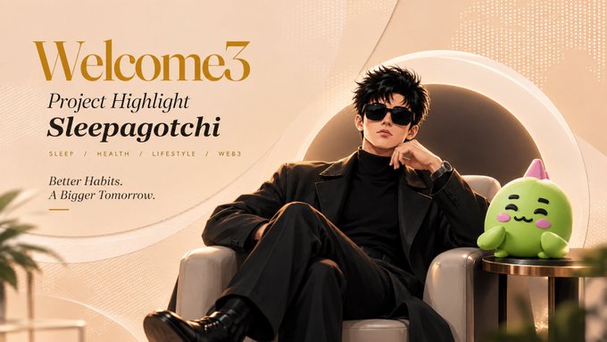 A promotional banner for "Welcome3 Project Highlight Sleepagotchi" featuring a stylish figure in black clothing and sunglasses sitting beside a green cartoon mascot, with tagline "Better Habits. A Bigger Tomorrow." and categories "SLEEP / HEALTH / LIFESTYLE / WEB3."