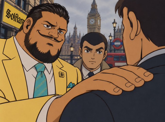 A stylized illustration shows three men in suits outside London’s Big Ben, with the bearded man in a yellow blazer placing a hand on the foreground man’s shoulder and a partially visible “Solflare” sign. It serves as a bold promotional graphic for a Solana Events #breakpoint26 opportunity, encouraging viewers to DM for “YOUR FIRST WIN.”