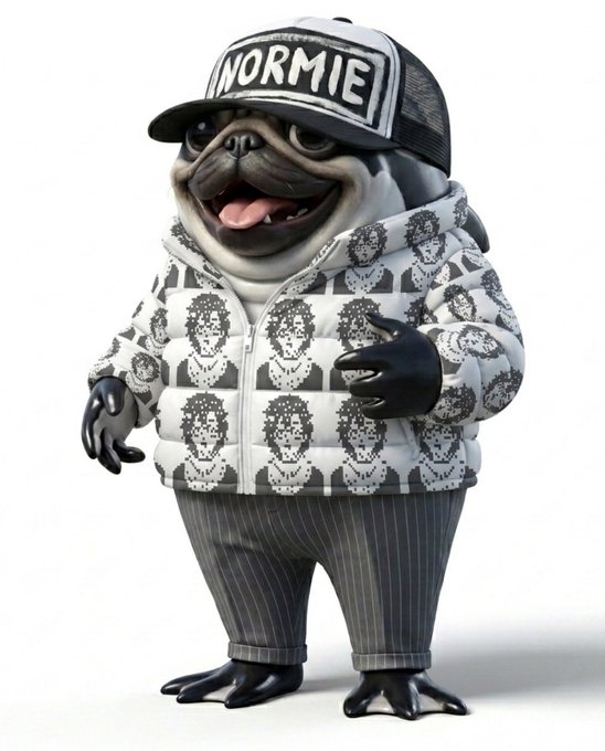 A pug dog figurine wearing a black and white "NORMIE" cap and a puffer jacket with a checkered pattern of illustrated faces, paired with gray pinstriped pants.