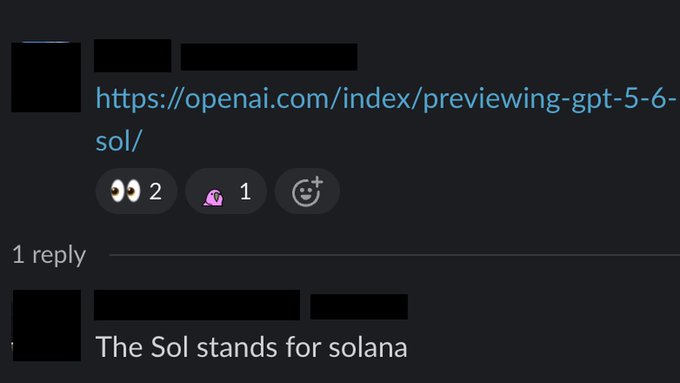 A social media post featuring a link to an OpenAI article about previewing "GPT-5-6-sol," with 2 comments and 1 repost, accompanied by a reply explaining that "The Sol stands for solana."