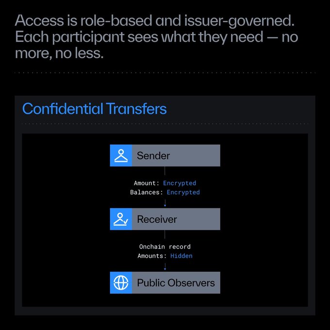 A diagram illustrating "Confidential Transfers" on Sui, showing a tiered access flow from Sender (with encrypted amount and balances) to Receiver (with hidden amounts in onchain records) to Public Observers (limited visibility), reinforcing the message that role-based, issuer-governed access keeps transaction amounts fully hidden from competitors.